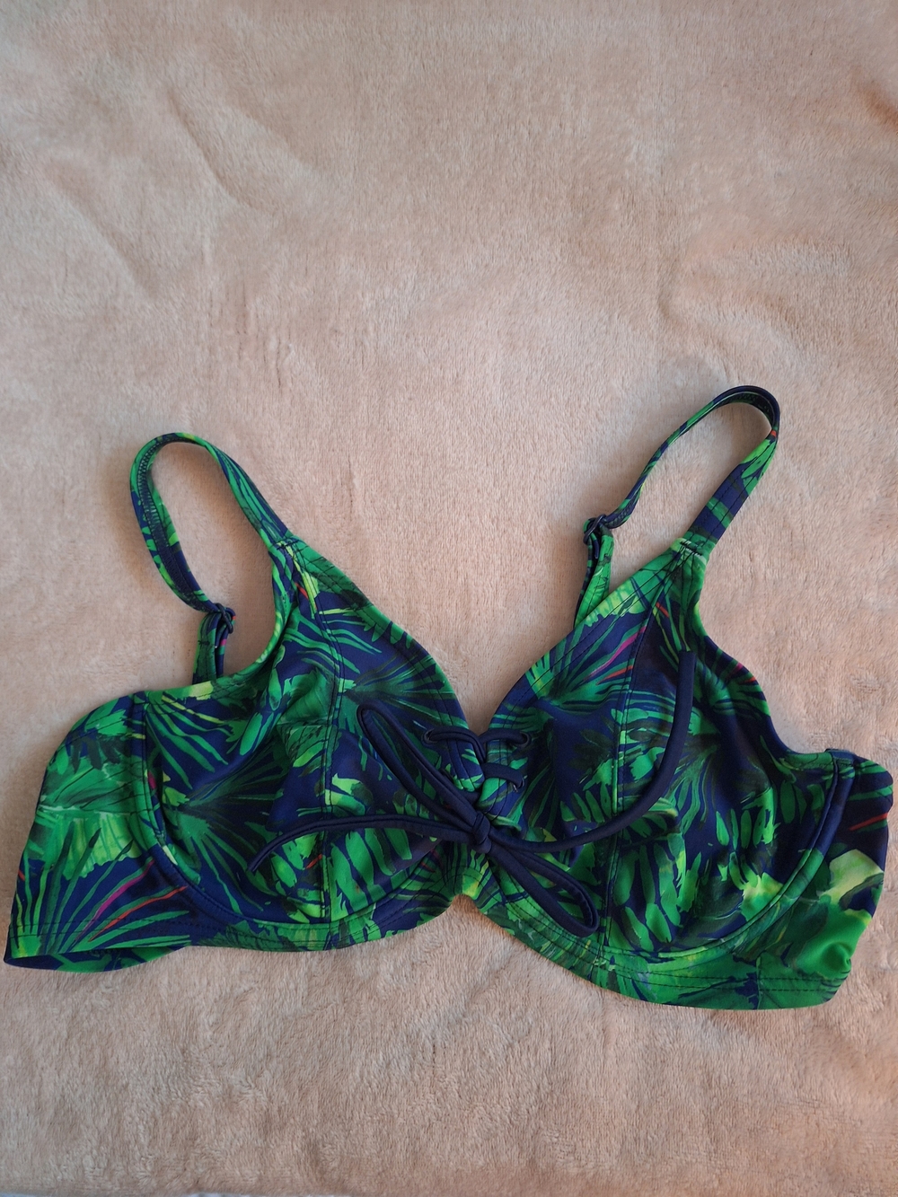 Pour Moi Green Leaf Print Underwire Bikini Top Tie Bust Sz 38D